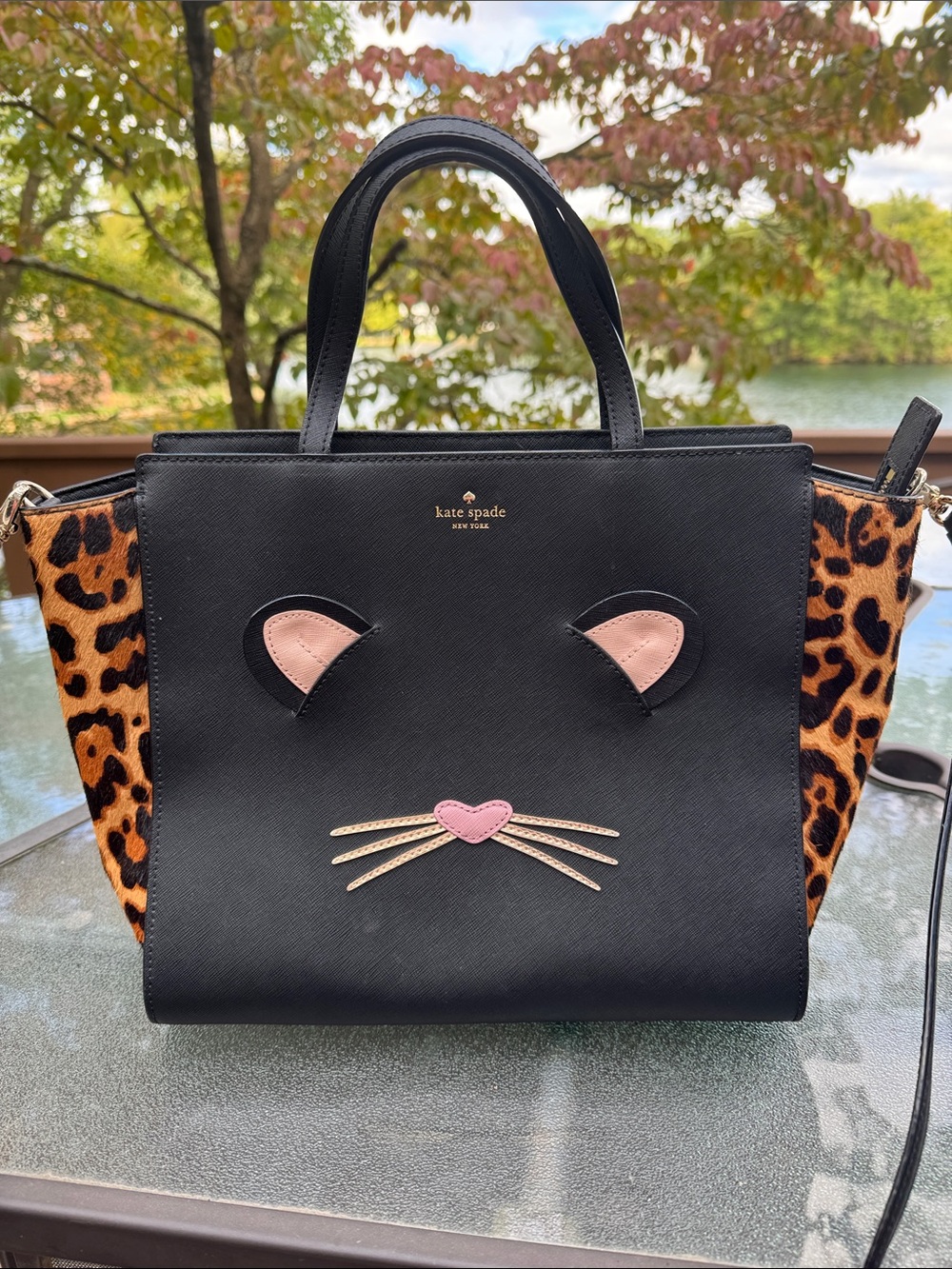 kate spade Black Tote with Leopard Sides and Cat Appliqué